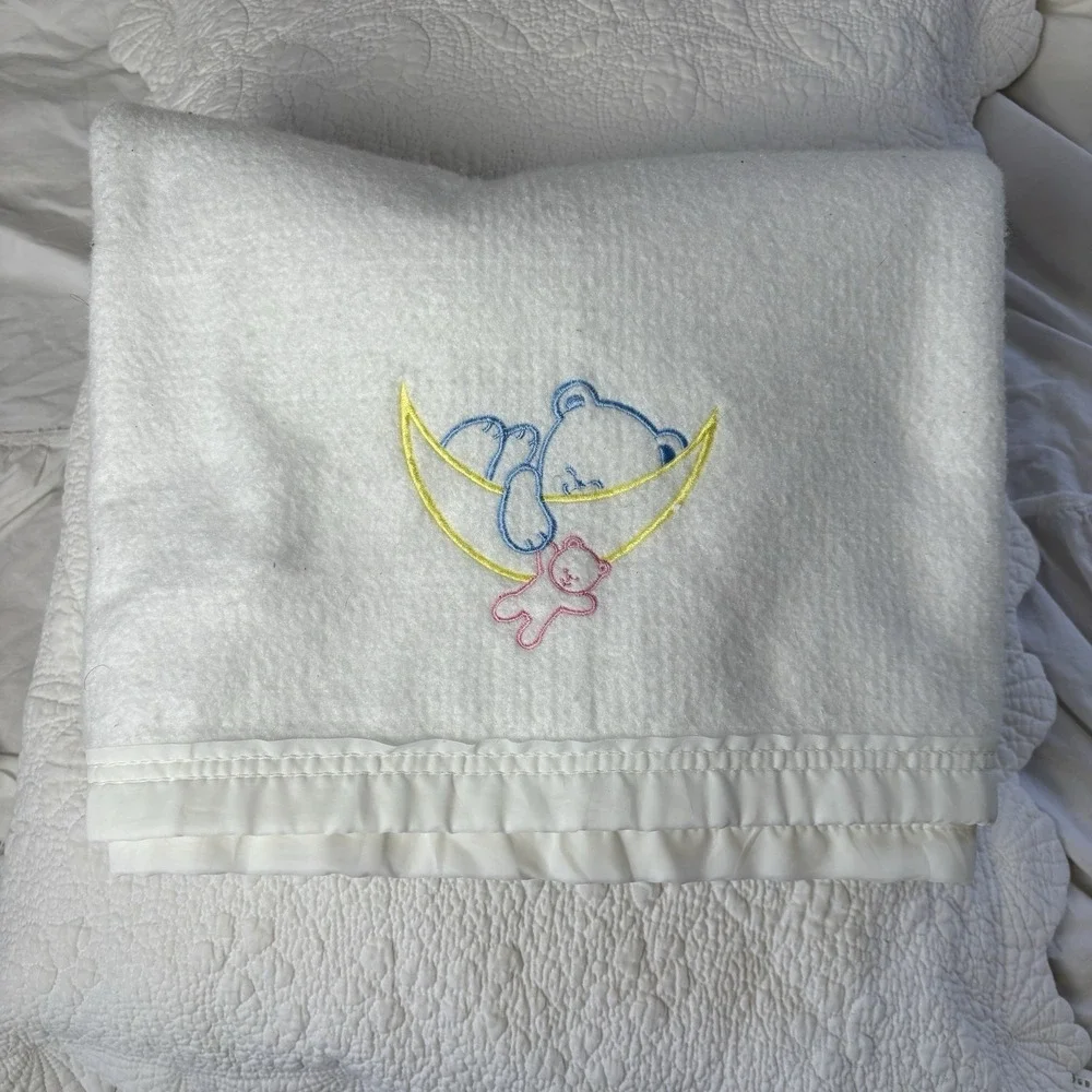 Vintage White Polyester Baby Blanket Teddy Moon 40x40
